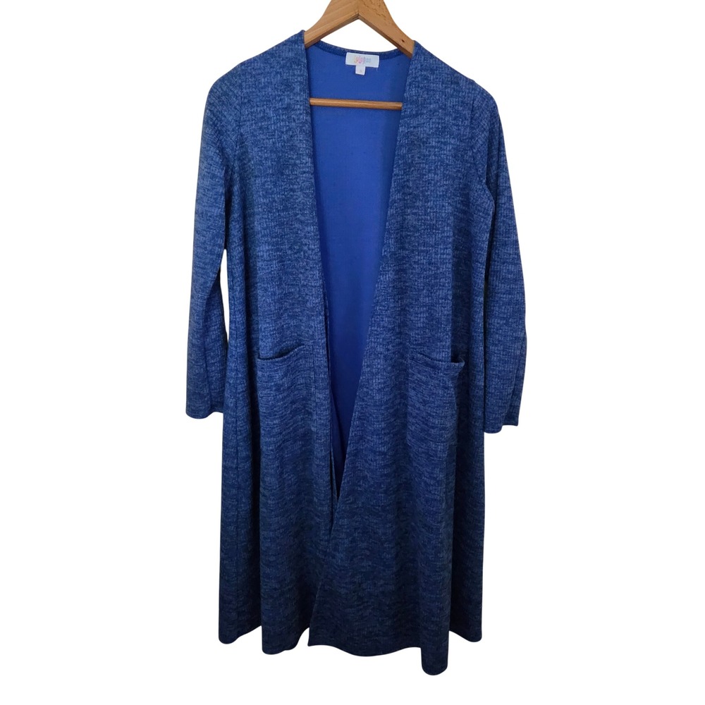 LuLaRoe Sarah Longline Duster Cardigan Blue Ribbed Knit Open Front Pockets S